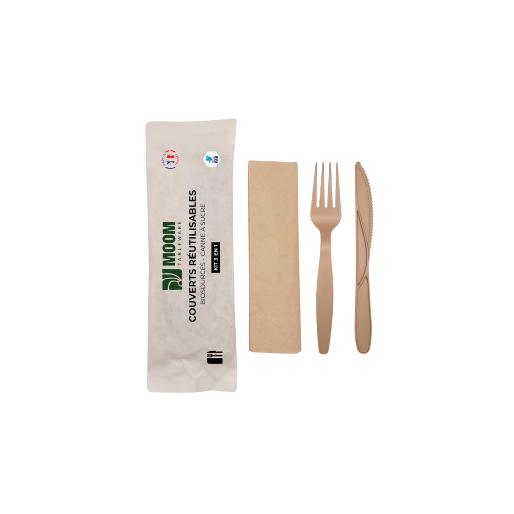 Kit Couverts 3 en 1 réutilisable Canne à Sucre (1 x 160 unités)