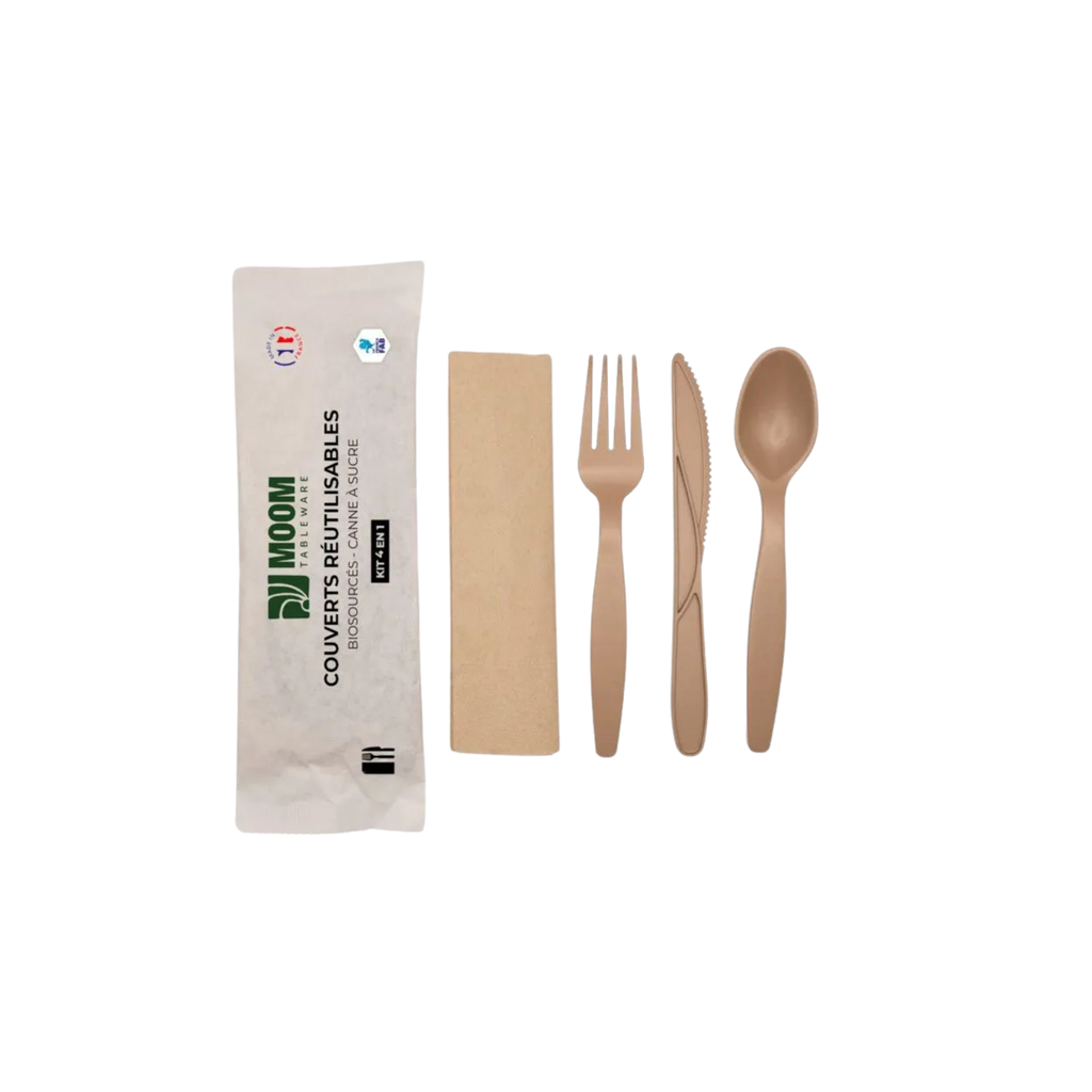 Kit Couverts 4 en 1 réutilisable Canne à Sucre (1 x 150 unités)