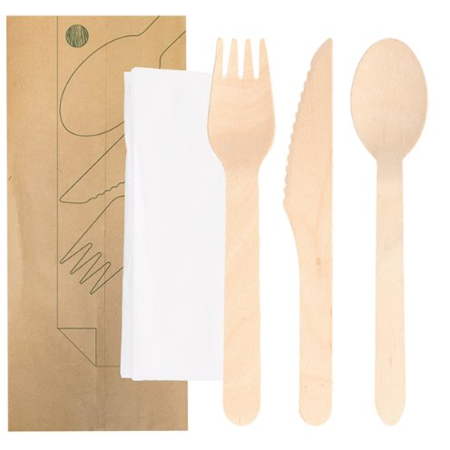 [8420499250618] Kit couverts en bois 4/1 fourchette, couteau, cuillère, serviette - 16cm (100 unités)